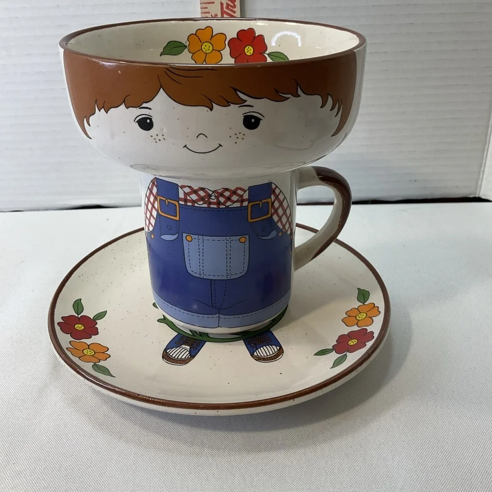 Vintage Childrens Interpur 3‎ pc Stackable Dish Set Cup Bowl Plate Farmer Boy